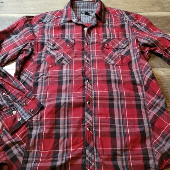 INC International Concepts Plaid Pearl Snap Shirt - Picture 1 of 4